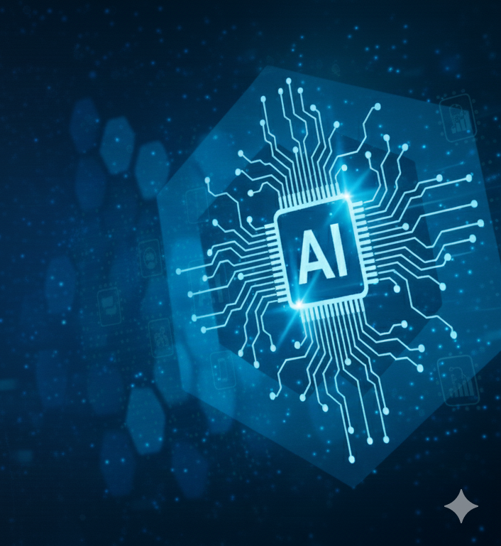 Abstract drawing of AI featuring an AI chip